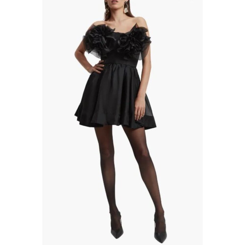 Bardot Fleurette Flower Strapless Mini Dress 3D Ruffle Rosette in Black Size XS